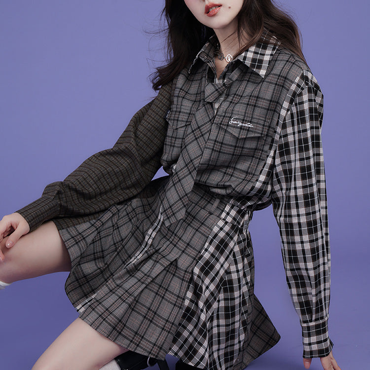 chinese dress ladies Patchwork Design Loose Casual Shirt Dress with Plaid Pattern – Juwas