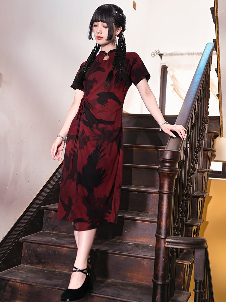Dark Red Chinese-Style Printed Qipao Dress – Juwas
