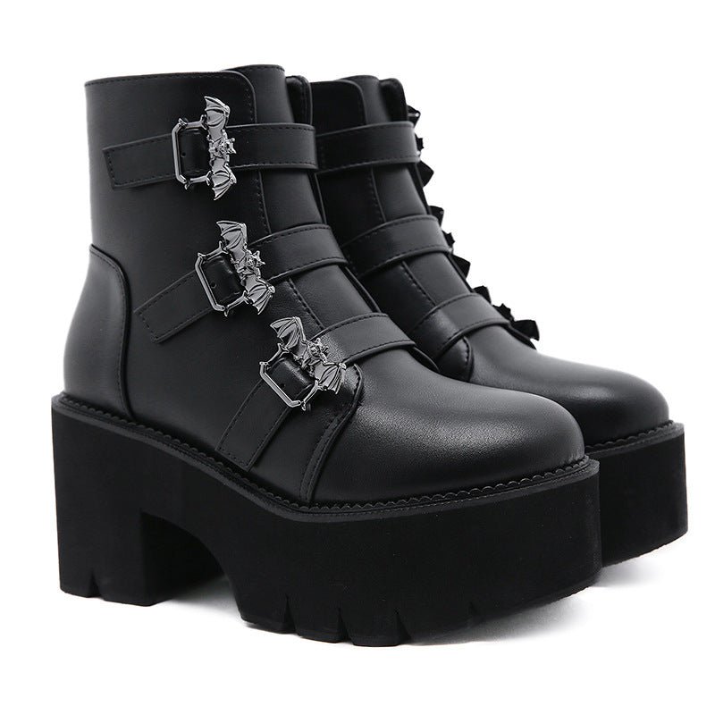 Gothic Bat Triple Buckles Platform Boots Juwas