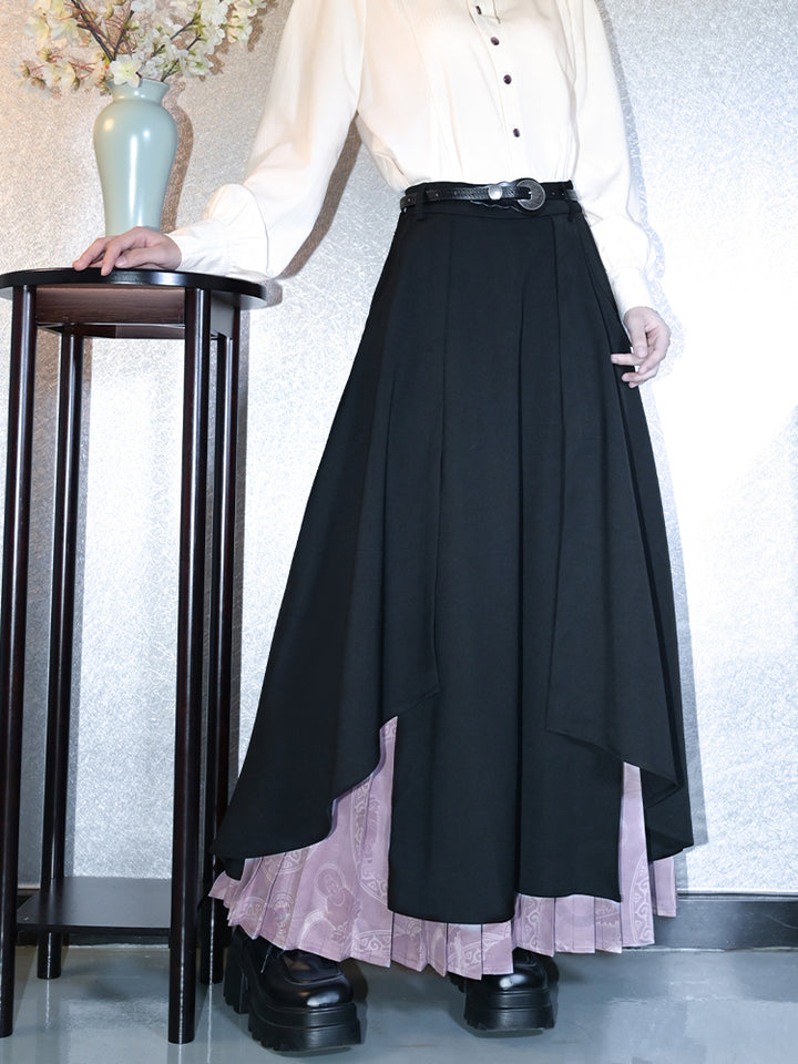 Chinese-Style Printed Asymmetrical Pleated Skirts Pants