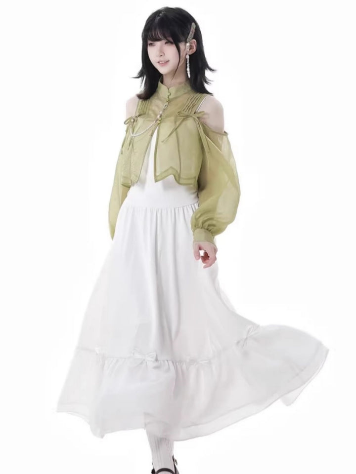 Spring Summer Green White Dress / Off Shoulder Top