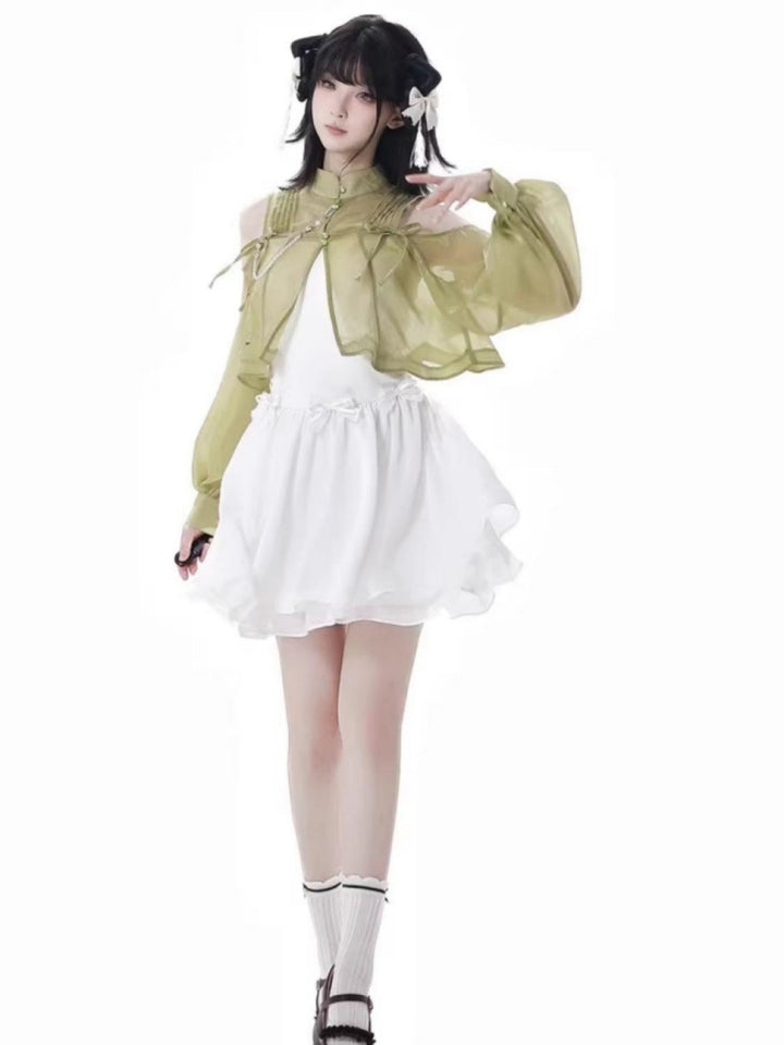 Spring Summer Green White Dress / Off Shoulder Top