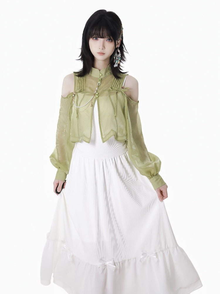 Spring Summer Green White Dress / Off Shoulder Top
