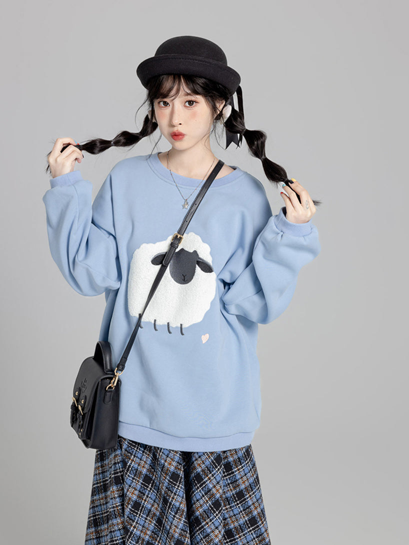 Lamb Embroidery Fleece-Lined Hoodie for Autumn and Winter