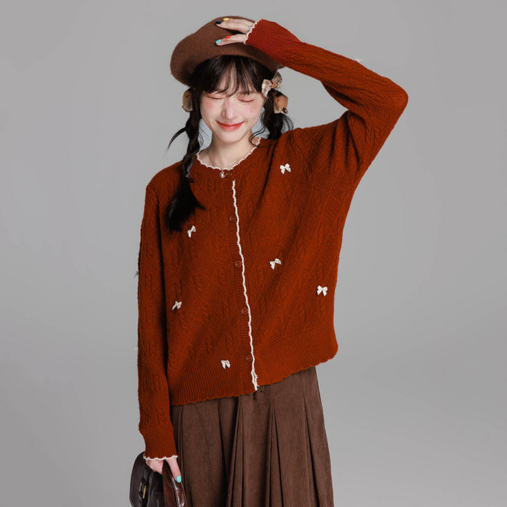 Brick Red Pure Wool Color-Blocked Bow Detail Cardigan