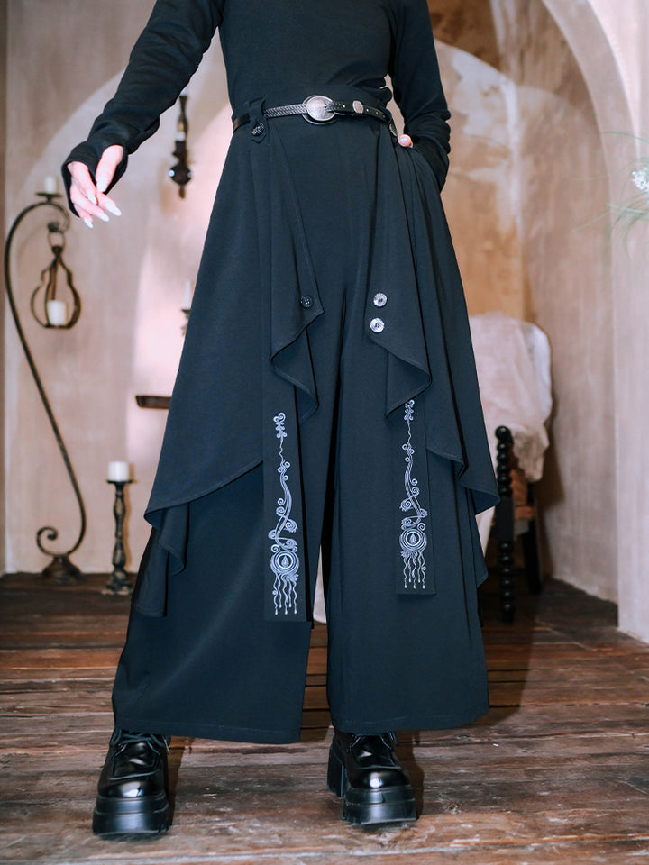 Chinese-style Embroidered Double-layer Asymmetrical Black Wide-leg Pants