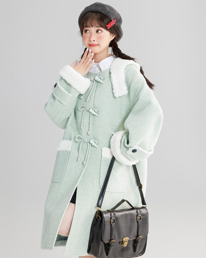 Mint Green College-style Thickened Wool Coat for Winter