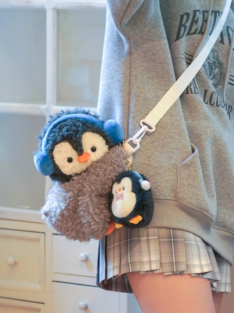 Adorable Plush Penguin Crossbody Bag with Blue Earmuffs