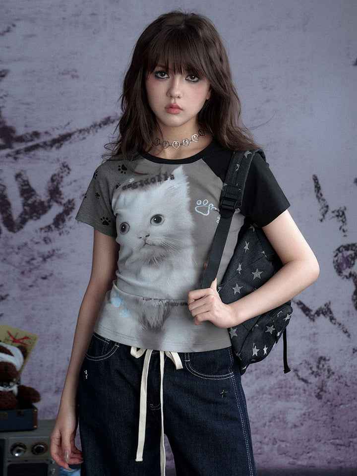 Gray Kitten Graphic Raglan Tee
