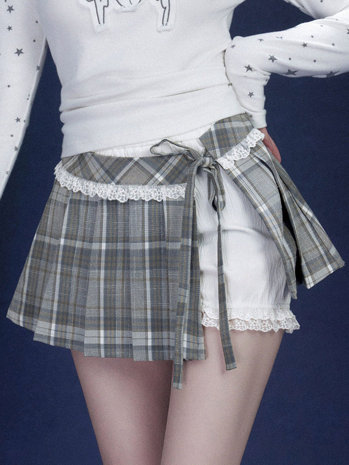 Gray Plaid Lace Trim Pleated Mini Skirt