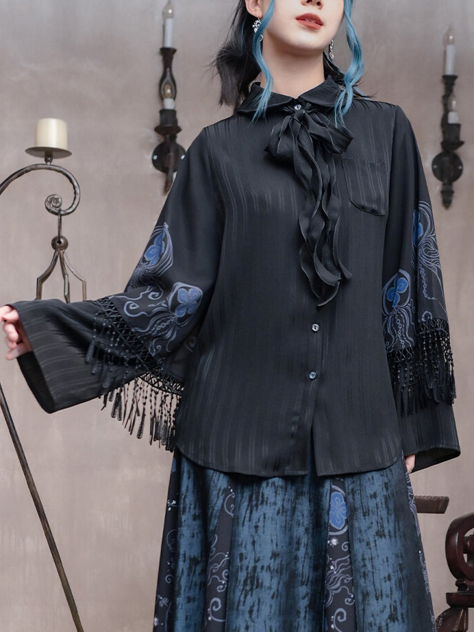 Blue Tears' Black Sweet-Cool Style Shirt with Double-Layer Sleeves