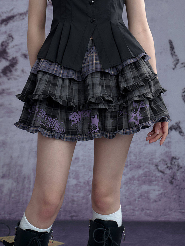 Gray Plaid Layered Ruffle Mini Skirt