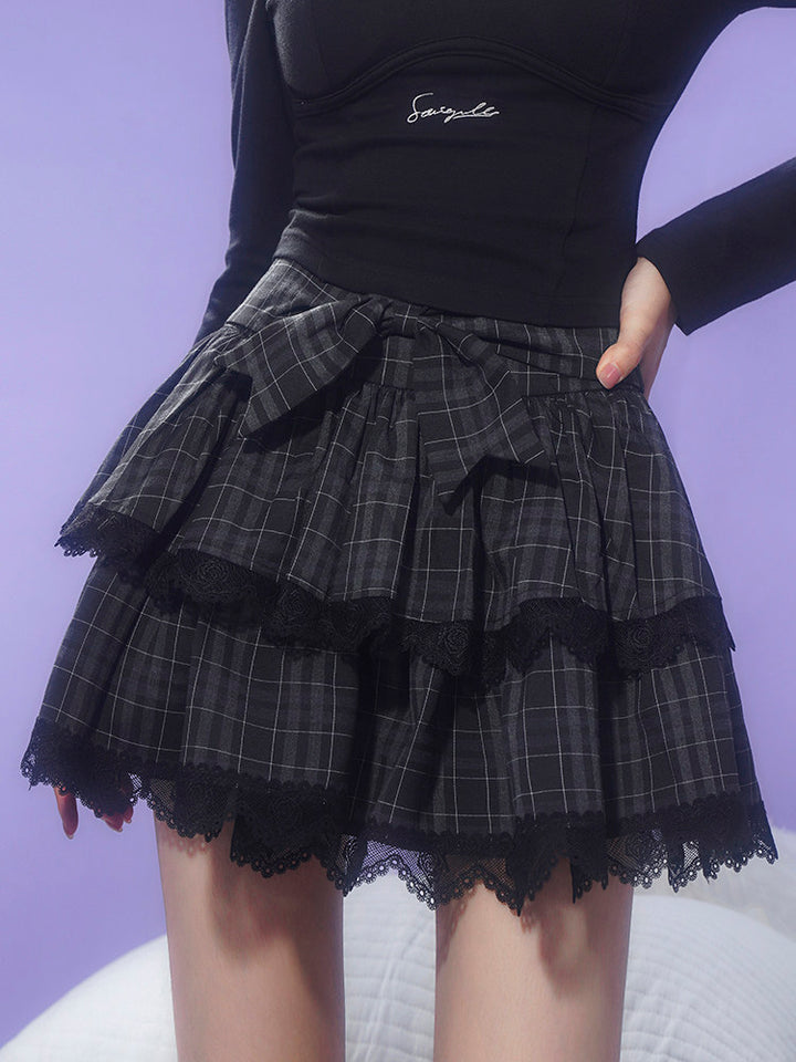Gray Plaid Bow Lace Tiered Mini Skirt