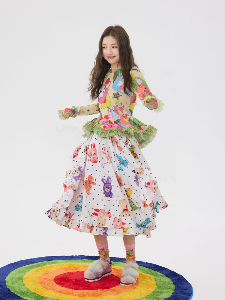 Cute Polka Dot Animal Ruffle Skirt