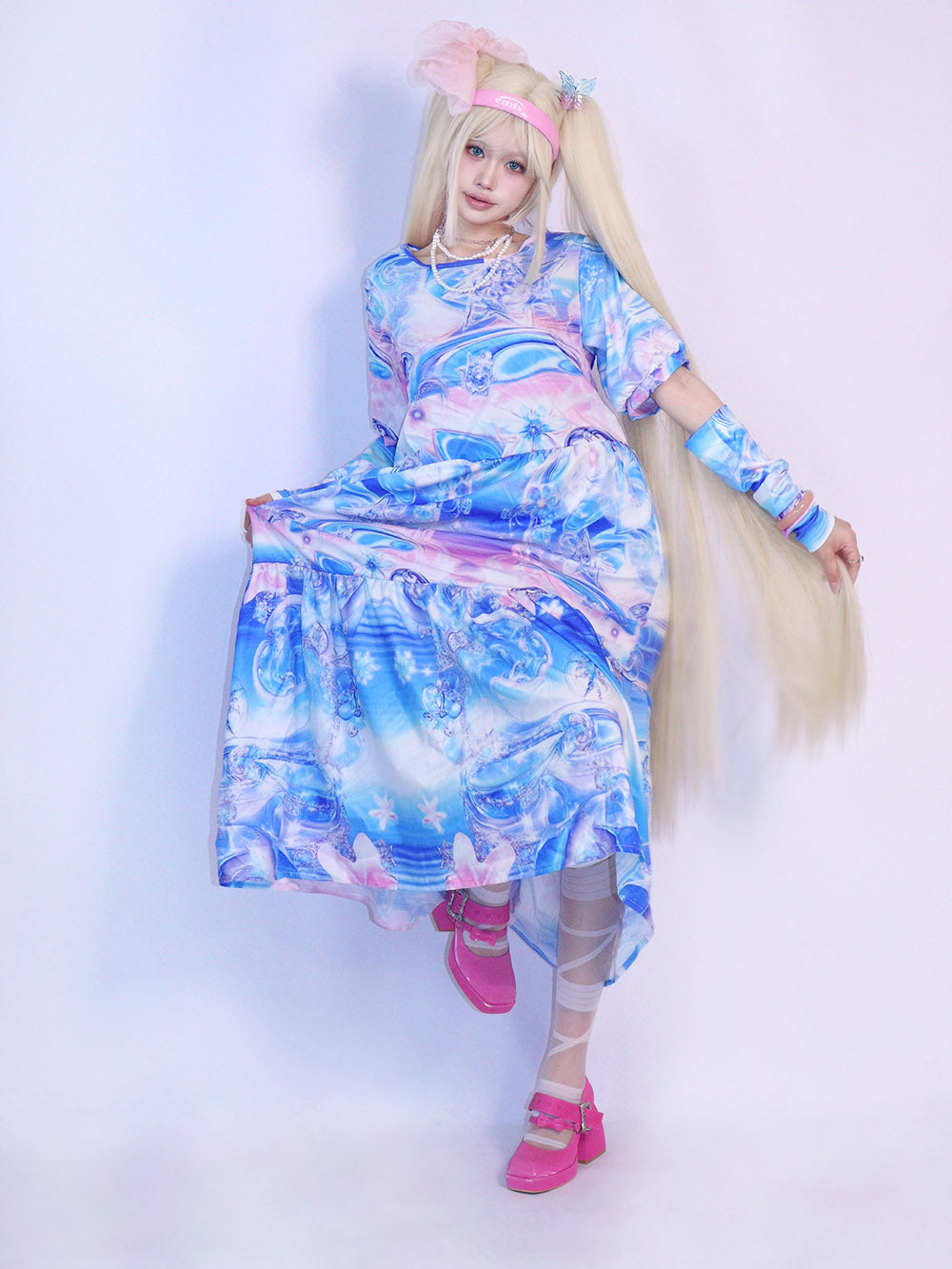 Blue Pastel Abstract Tiered Midi Dress