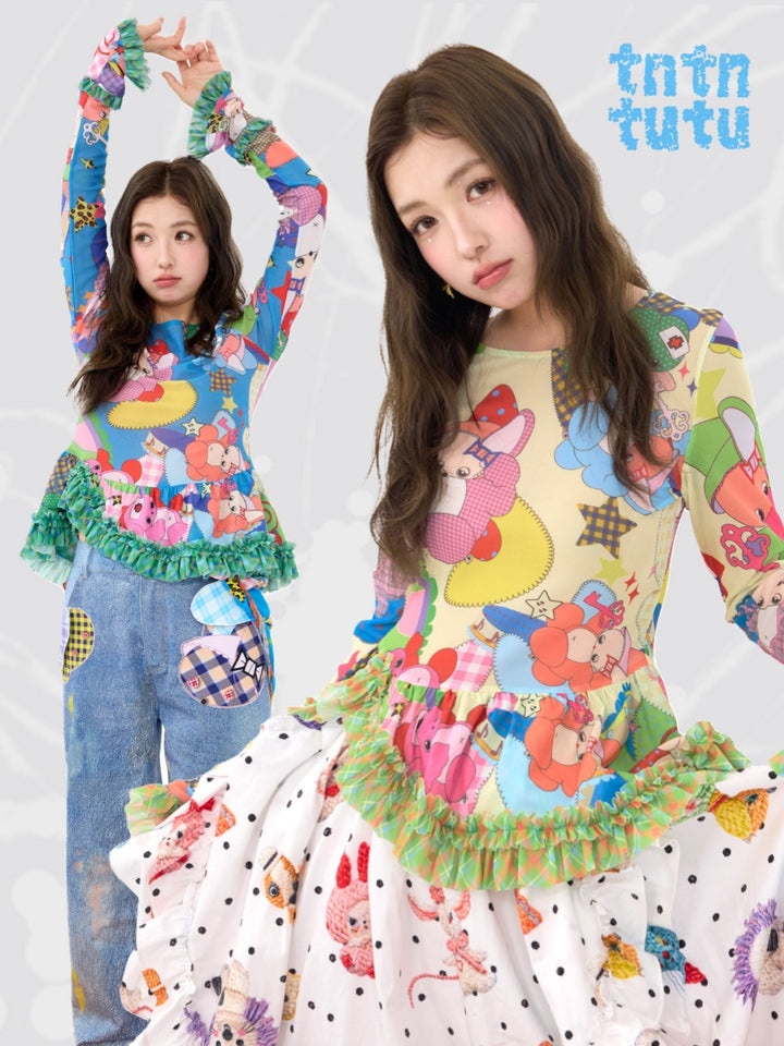Colorful Cartoon Ruffle Layering Top