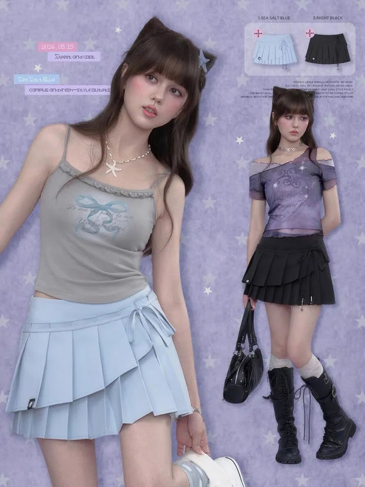 Layered Bow Pleated Mini Skirt