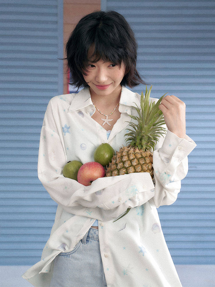 Oversized Subcul Marine Heart Pocket Long Sleeve Shirt