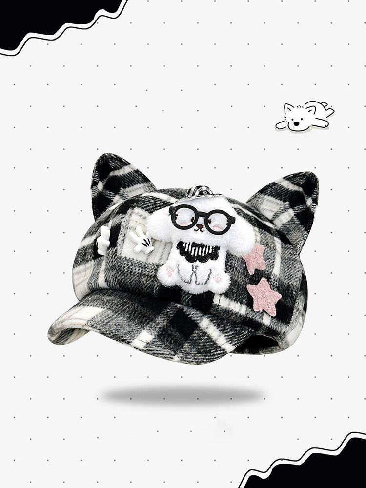Plaid Kitten Ear Cap with Plush Puppy Detail