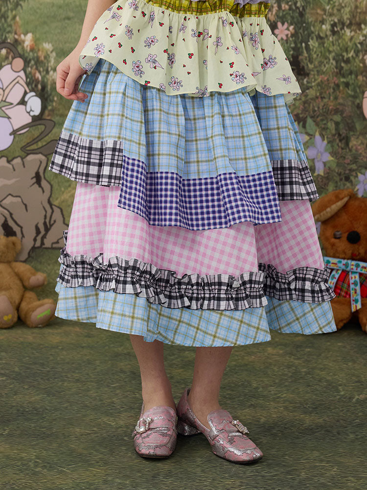 Pastel Plaid Tiered Midi Skirt