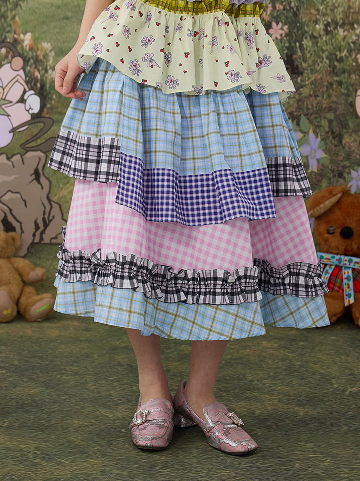 Pastel Plaid Tiered Midi Skirt