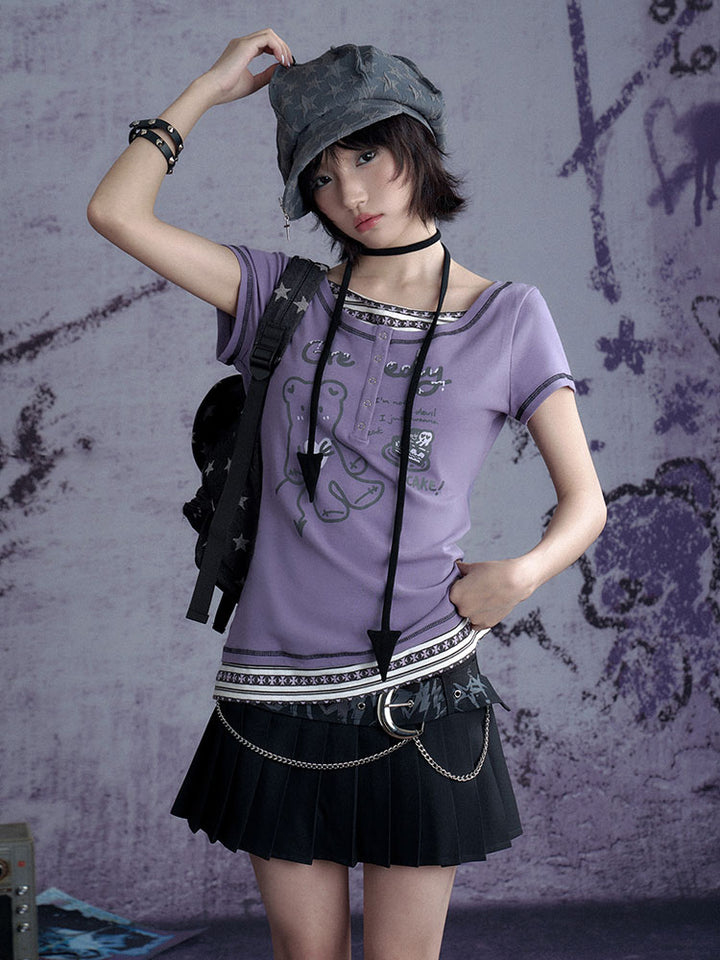 Whimsical Purple Henley Graphic Tops