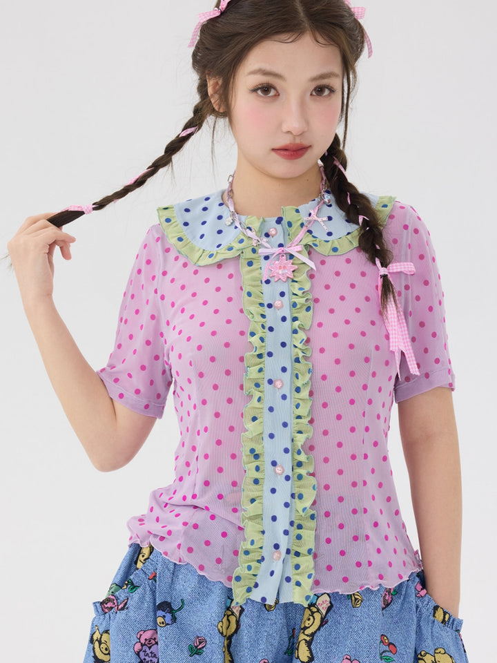 Pink Polka Dot Ruffle Collar Shirt