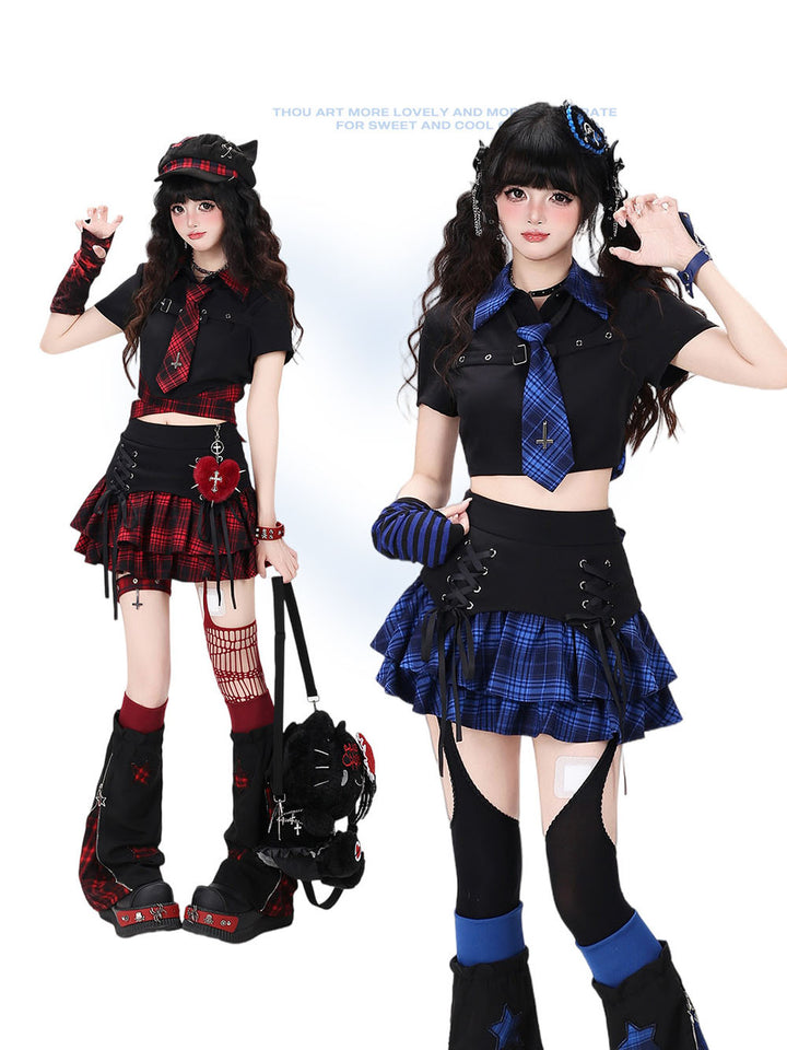 Plaid Tie Crop Top Ruffle Skirt
