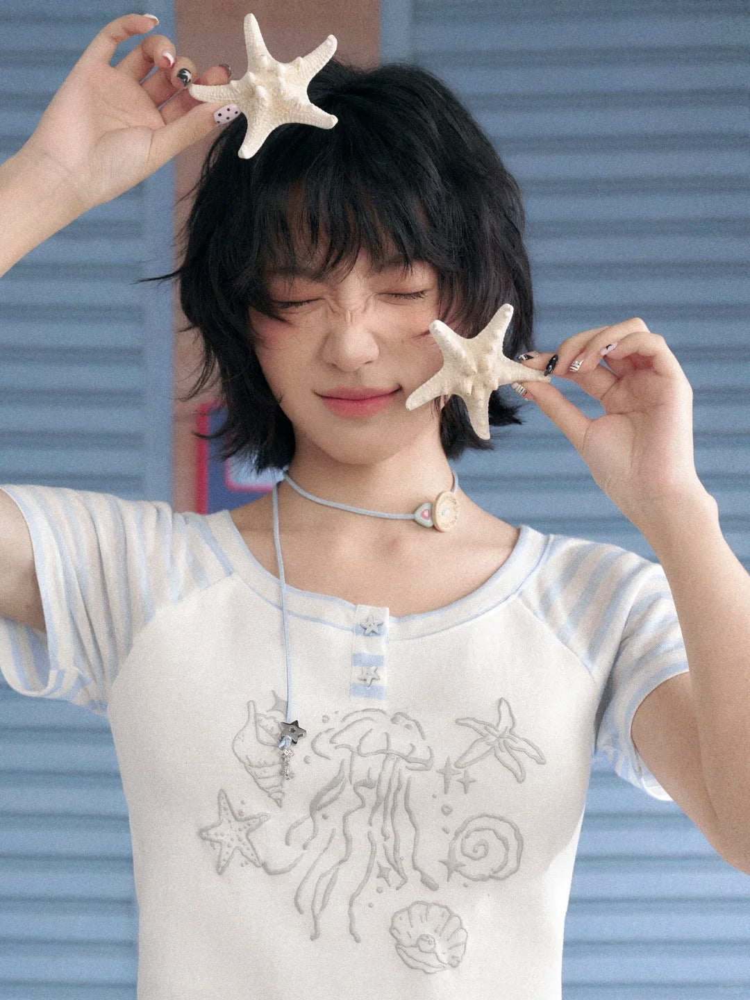 Kawaii Jellyfish Starfish Stripe Sleeve T-shirt