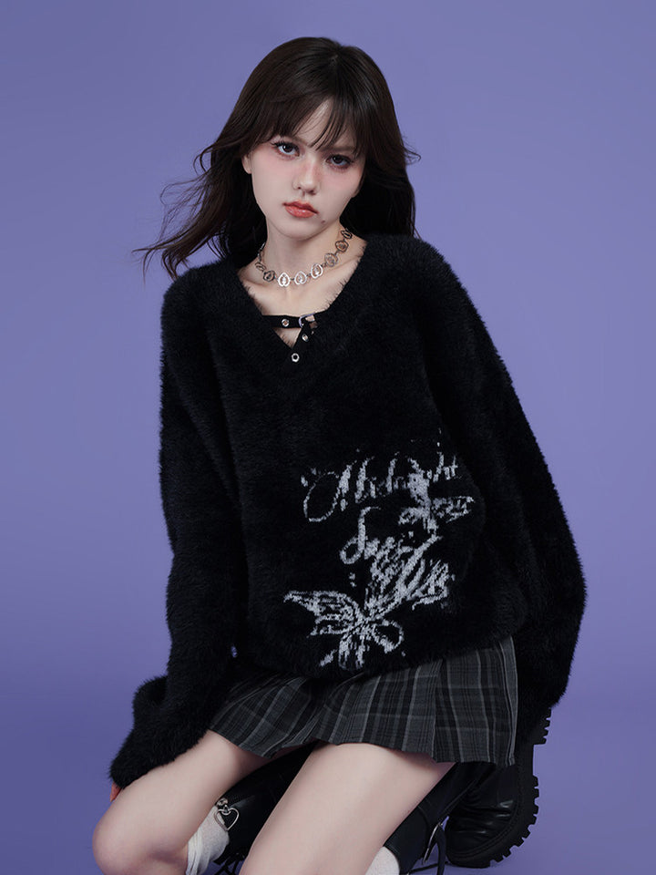 Street Style Black V-Neck Jacquard Loose Sweater
