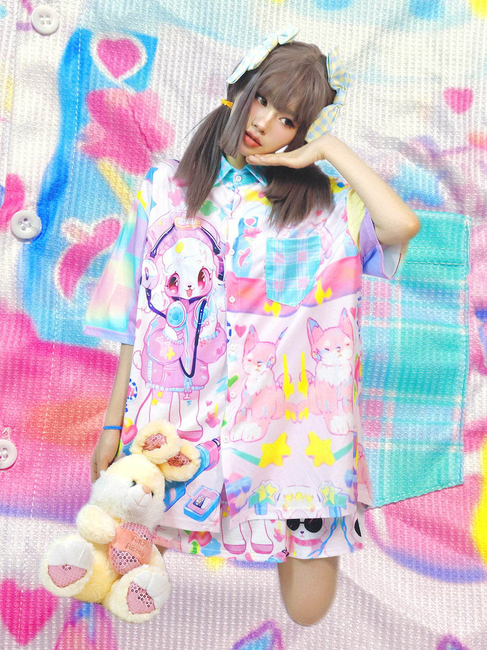 Kawaii Pastel Cartoon Button Up Shirt