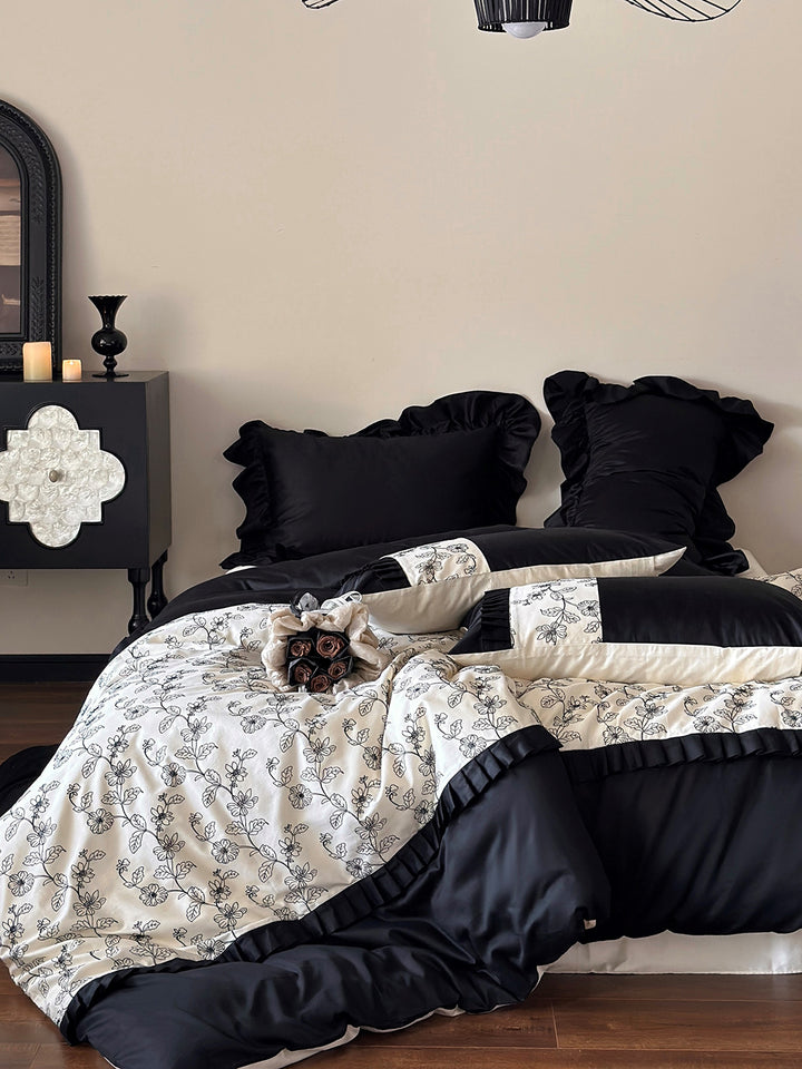 Vintage Floral Embroidery Black White Cotton Duvet Cover