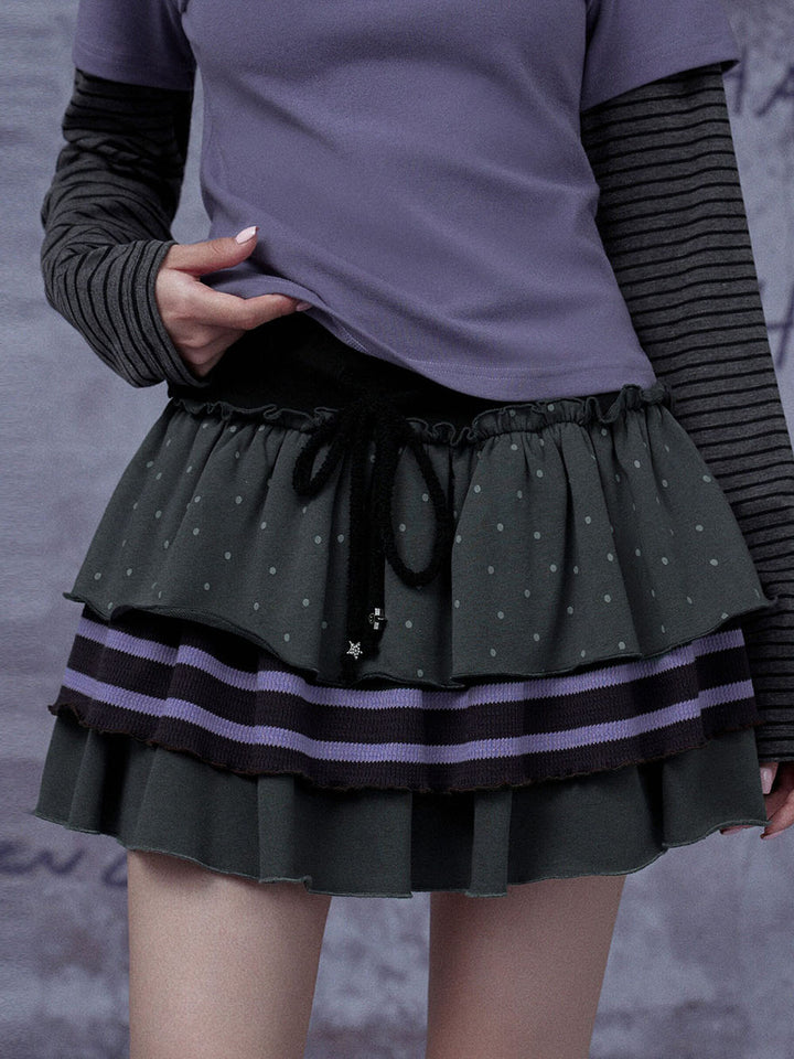 Charcoal Polka Dot Striped Tiered Mini Skirt