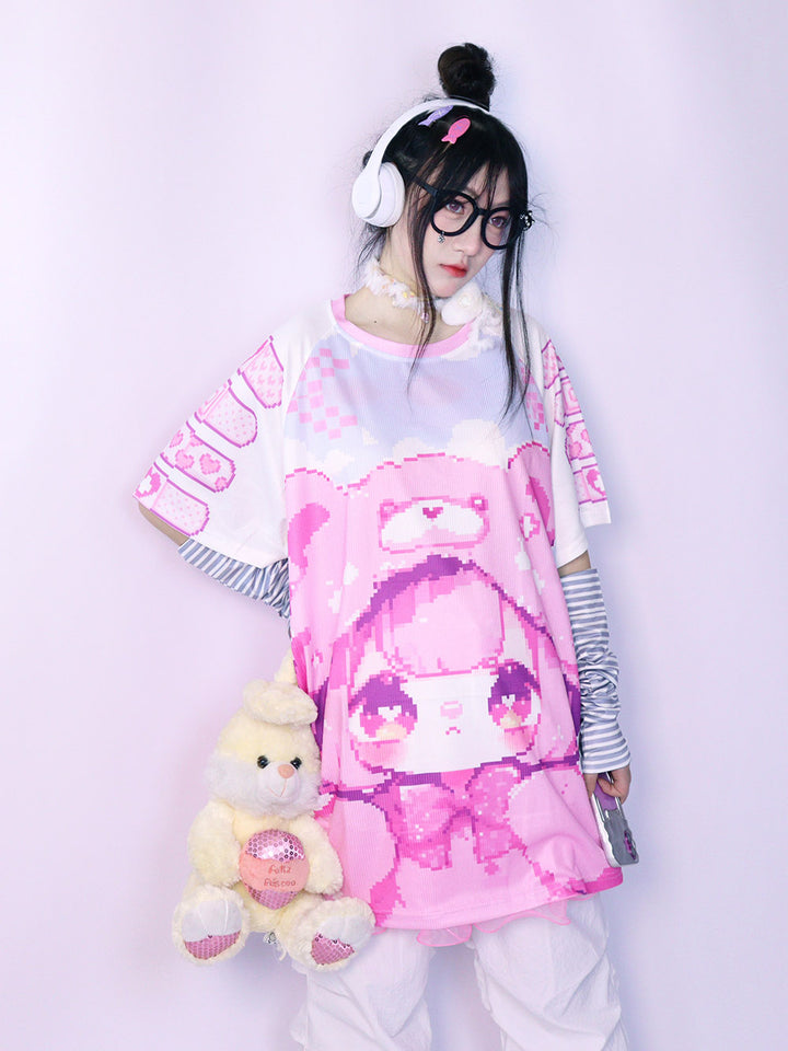 Pink Pixel Bear Girl Oversized T-Shirt