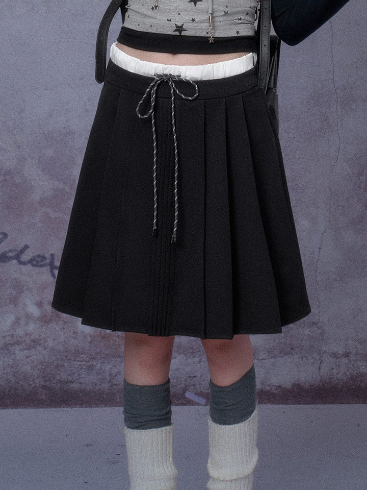 Black Contrast Waist Pleated Midi Skirt