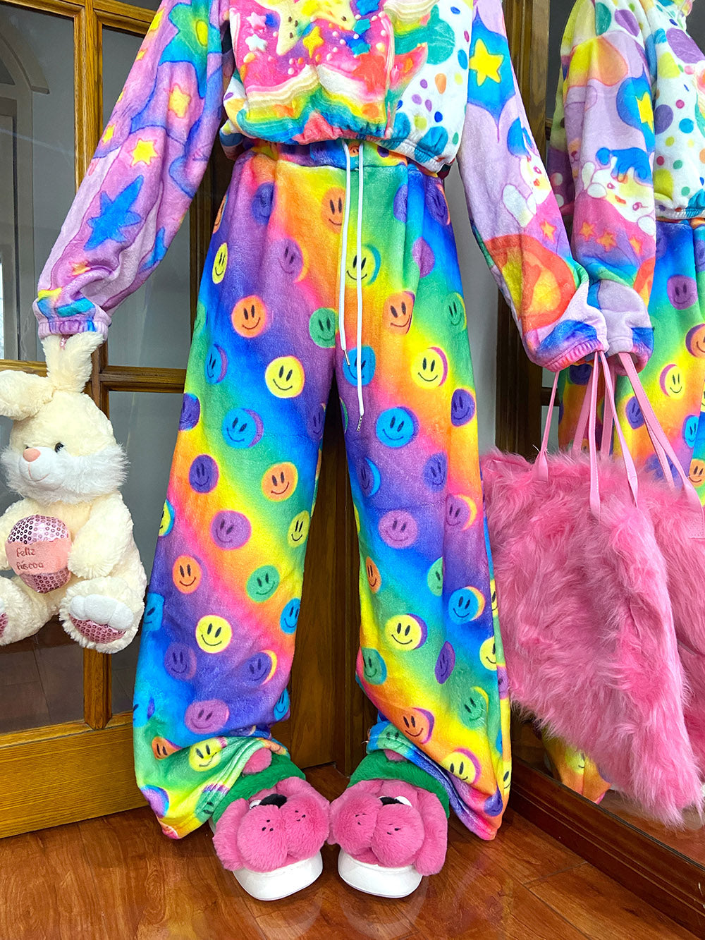 Rainbow Smiley Face Wide Leg Pants