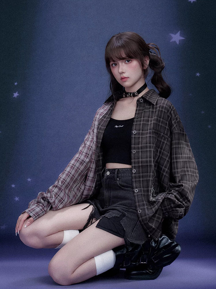 Colorblock Plaid Long Sleeve Shirt