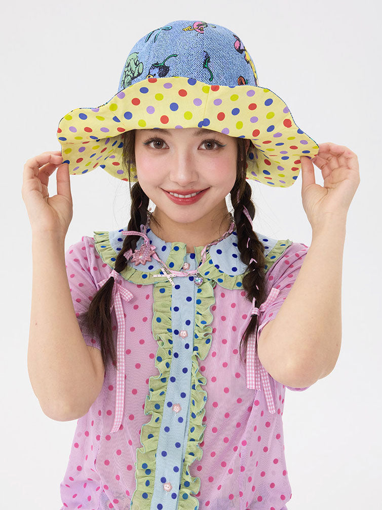 Blue Cartoon Polka Dot Wavy Bucket Hat