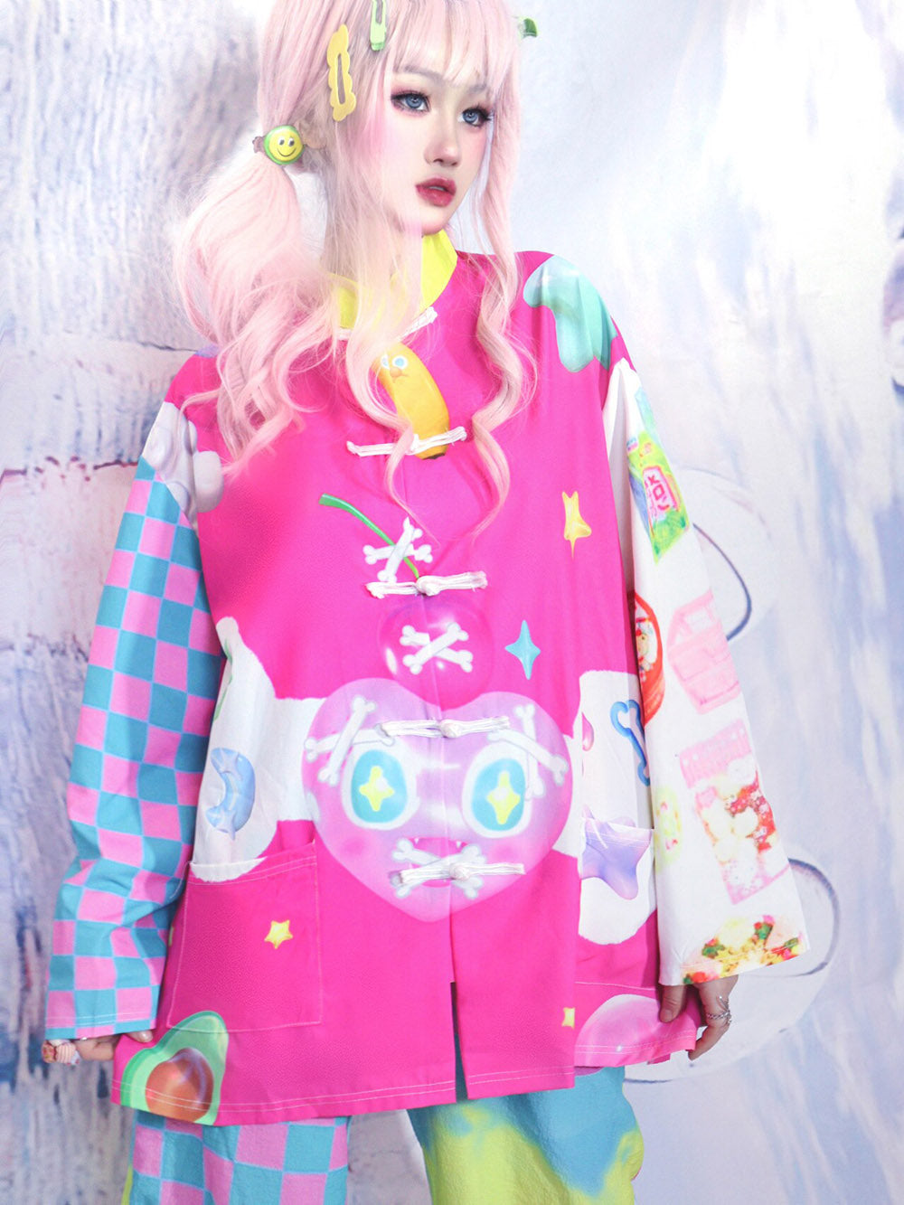 Pink Checkerboard Graphic Mandarin Collar Jacket
