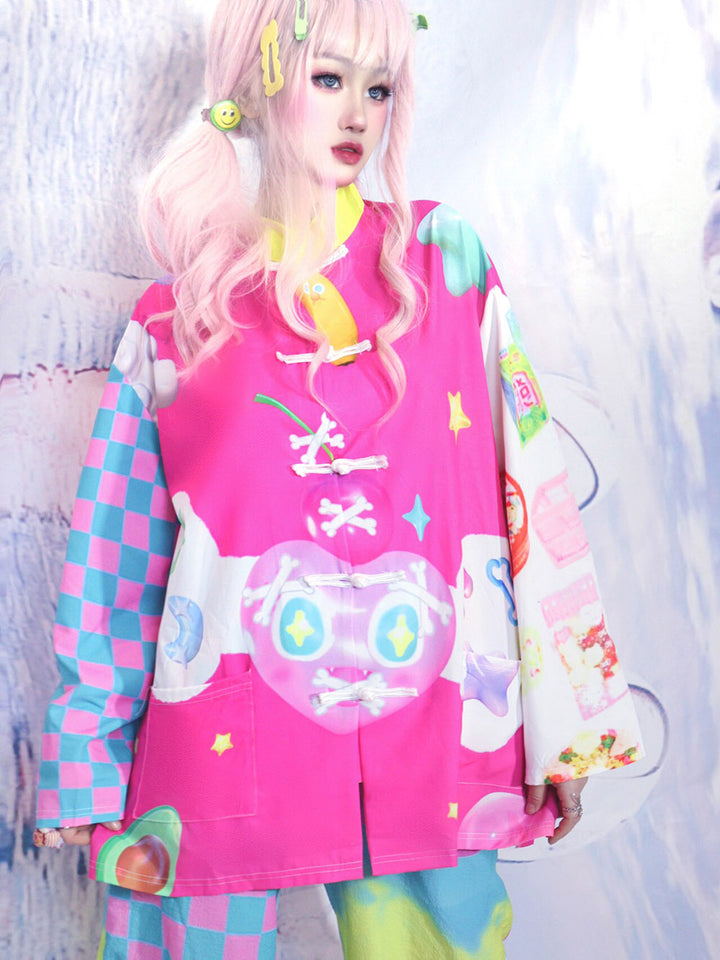 Pink Checkerboard Graphic Mandarin Collar Jacket