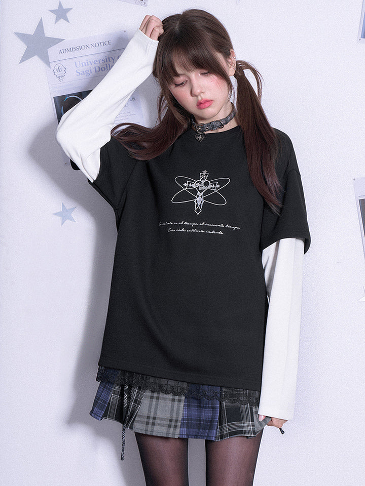 Black White Faux Two Piece Long Sleeve Casual Sweatshirt