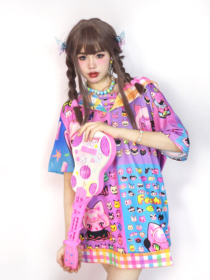 Kawaii Cat Print Sailor Collar T-Shirt