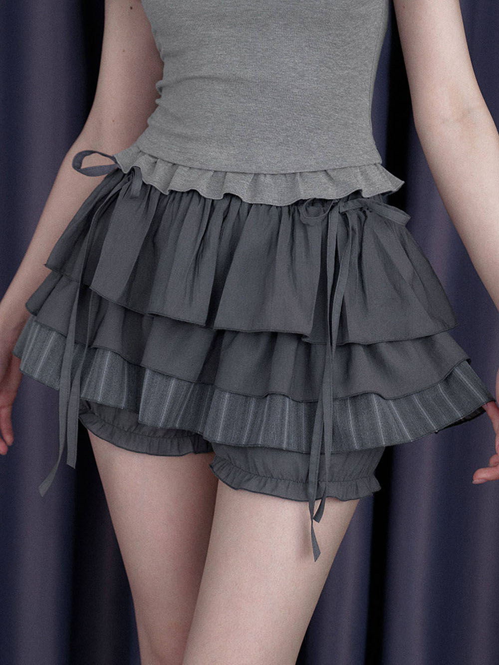 Gray Bow Tie Layered Ruffle Skort
