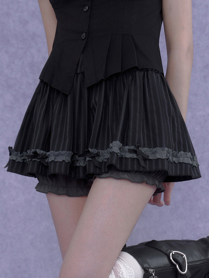 Pinstripe Ruffle Lace Bow Mini Skort