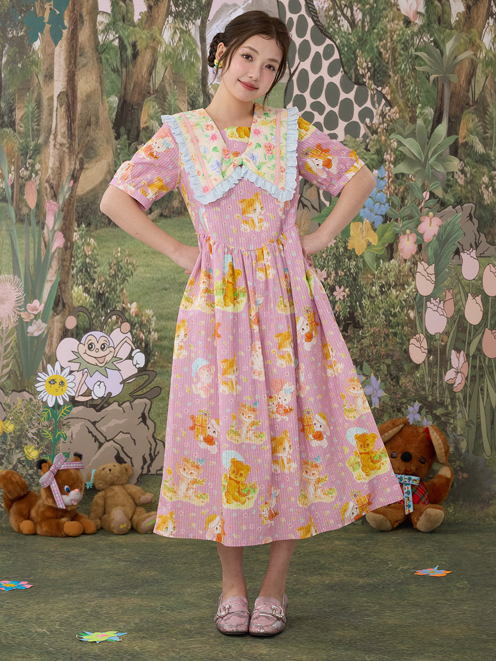 Pink Animal Print Sailor Collar Midi Dress