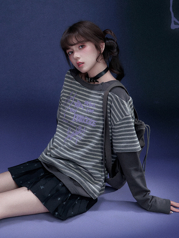 Street Striped Graffiti Print Faux Two Piece Top