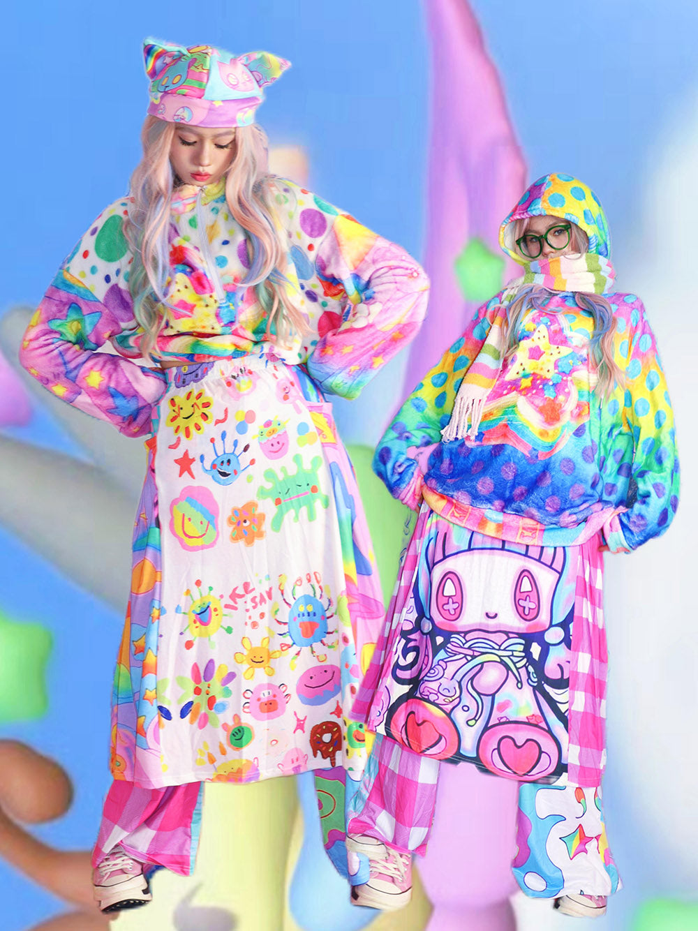 Kawaii Doodle Patchwork Midi Skirt