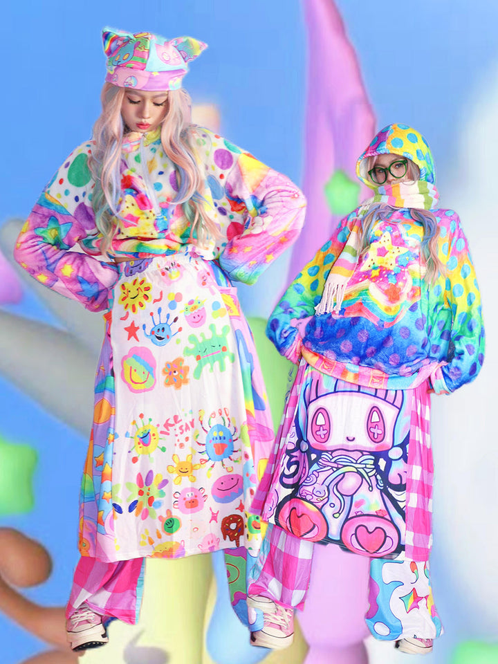 Kawaii Doodle Patchwork Midi Skirt