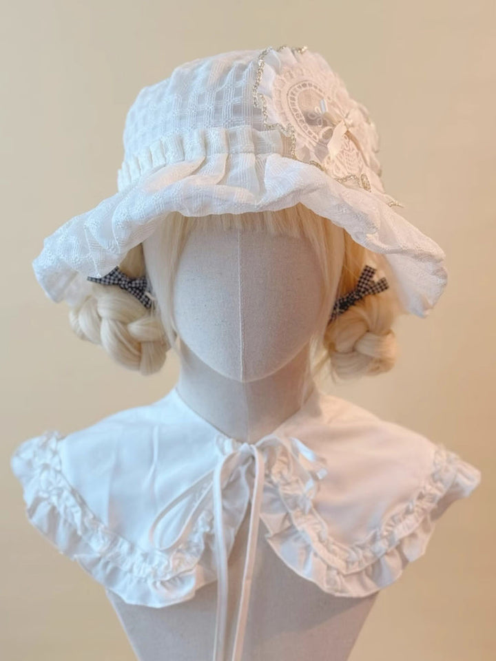 White Lace Heart Bow Ruffle Bucket Hat