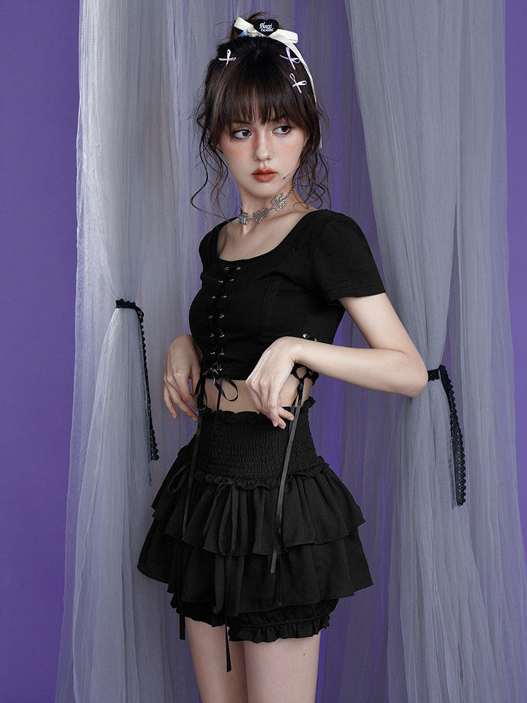 Black Smocked Waist Layered Ruffle Skort